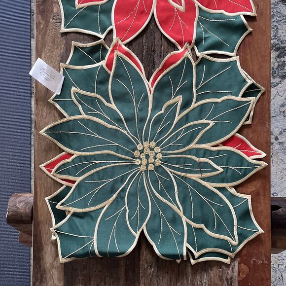 Christmas Holiday Table Runner Embroidered Poinsettia Red Green Holly Leaf - Picture 4 of 6